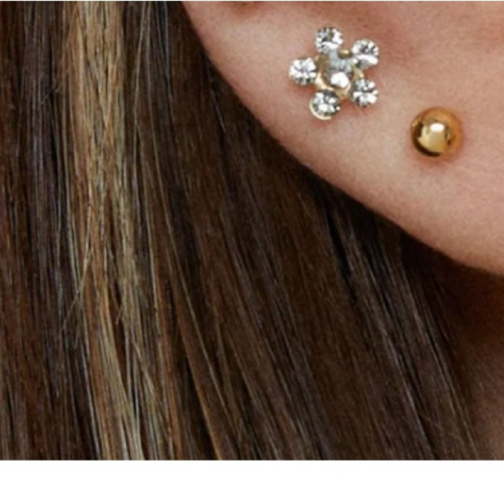 Gold Ball Stud & Crystal CZ Earrings 14K Gold (2 pairs of Piercing Studs)